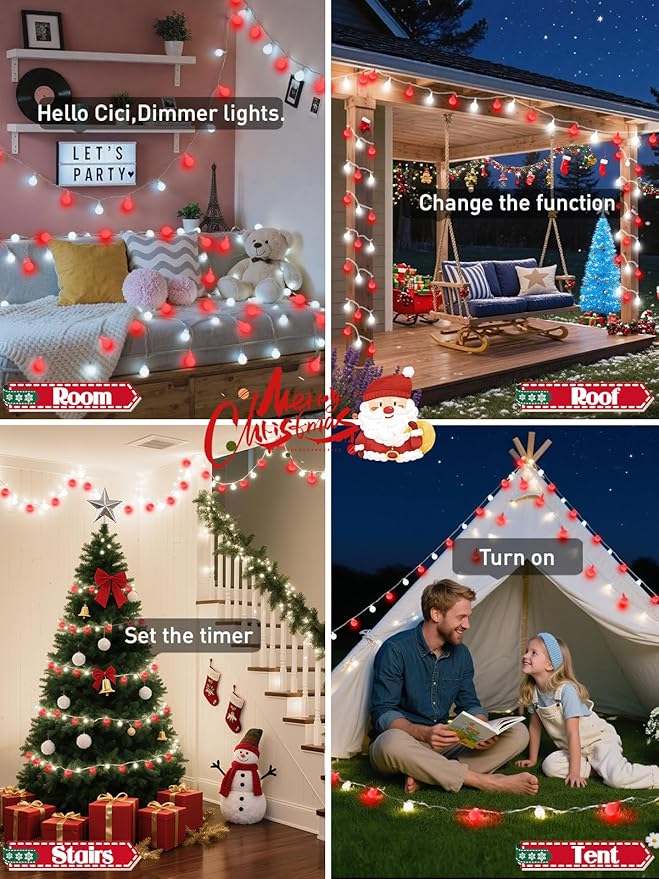 2026 New Connectable 43FT Smart Voice Controlled String Lights Indoor Outdoor | 100LED Red and White Globe Fairy Lights with Remote, 12 Modes Waterproof Hanging Light for Bedroom Classroom Decor