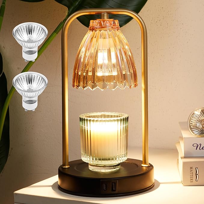 CATY&KITTEN Candle Warmer Lamp with Timer & Dimmer, Table lamp with USB and Type C Output,Dimmable Wax Melt Warmer with 2 * 50W Bulbs, Christmas Gifts and House Warming Gift,Home Decorations Gift