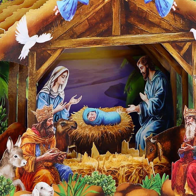 FaCraft Religious Nativity Musical Christmas Cards, 10"x7" Handmade 5-Layer 3D Pop Up Christmas Cards Gift Jesus Christ Birth Scene Decoration with Envelope, Blank Note, Seal, for Family Friends Kids
