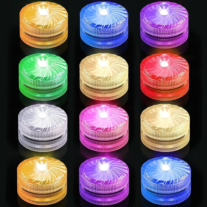 Submersible LED Lights, Waterproof Tea Lights, Underwater Mini Pool Lights Battery Operated Tealights with Remote for Home Decoration (12-RGB, 12P)