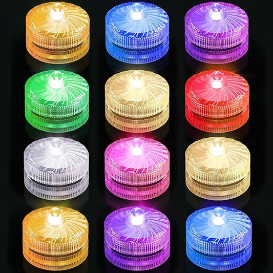 Submersible LED Lights, Waterproof Tea Lights, Underwater Mini Pool Lights Battery Operated Tealights with Remote for Home Decoration (12-RGB, 12P)