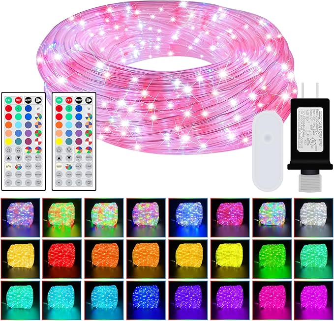 100ft IP68 Waterproof Rope Lights for Outside, RGB+WW Dimmable Outdoor Fairy String Lights with 2 Rmote, 25 Colors & 6 Dynamic Modes, Plug-in Twinkle LED Light Strip for Christmas Indoor Outdoor Decor