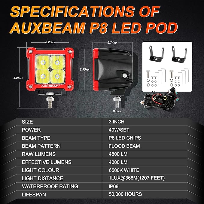 Auxbeam FA Series Flood Beam 3 Inch 40W Cube LED Pods, Red Shell Ditch Light Bar 4800LM, Off-Road Driving Hood Lights for 4WD Jeep Wrangler Ford F-150 Bronco, Pair