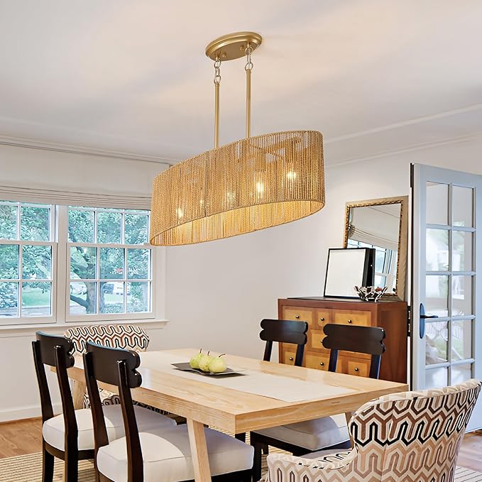 Dining Room Light Fixture 5 Light Rattan Kitchen Island Lighting with Adjustable Gold Boho Chandelier Farmhouse Hanging Pendant Light for Living Room Bar Restaurant