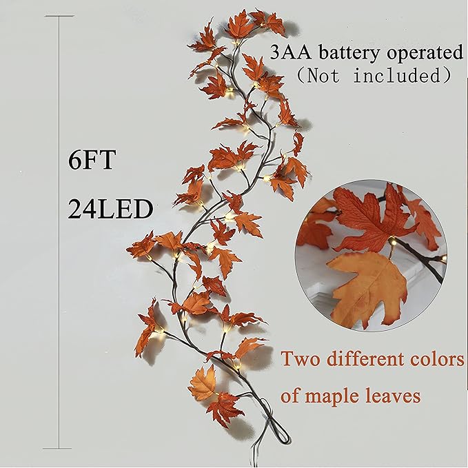 Hairui Lighted Maple Leaf Garland with Timer 6FT 24 Warm White LED, Fall Garland with Lights Battery Operated for Thanksgiving Harvest Christmas Wedding Decoration Indoor Outdoor