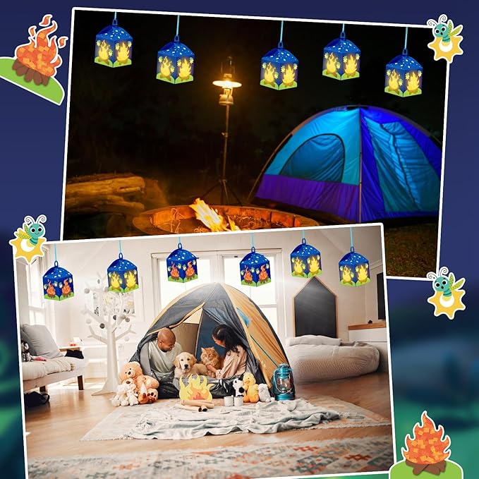 12 Sets Camp Crafts with LED Candles Lights Camping Campfire Vbs Tissue Paper Crafts Kits DIY Campfire Lantern Hanging Ornaments for Vbs Sunday School Party Activities