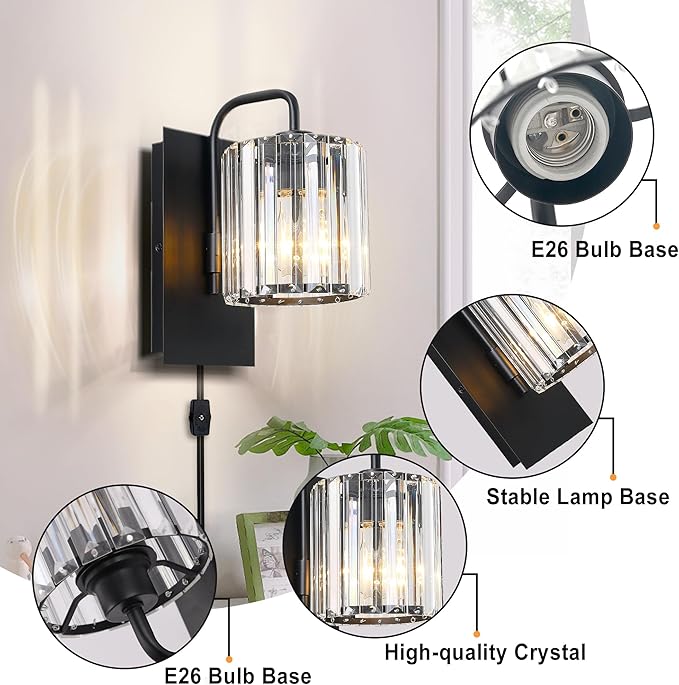 Plug in Sconces, Square Crystal Sconce Black Plug in Wall Sconce Crystal Wall Lamp with On Off Dimmer Cord, Glass Wall Light Fixtures for Living Room Bedroom Hallway Bedside