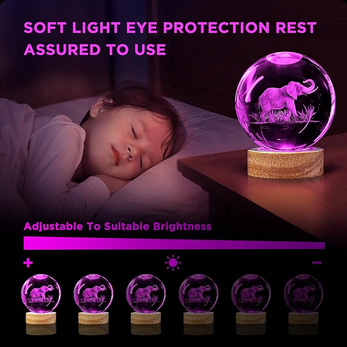 3D Elephant Crystal Ball Night Light 3.15 inch Glass Ball Lamp with 16 Color Changing Wooden Base and Remote Control Elephant Gifts for Kids Friends Birthday Christmas Room Decor