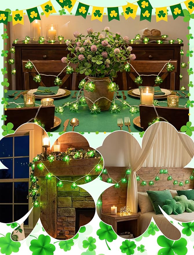 LED Shamrock String Light, 8.5Ft Clover String Light with 10 3D Green Clover Lights,Outdoor Irish Shamrock St Patrick's Day String Lights for Indoor Outdoor St. Patrick's Day Party Irish Holiday Decor