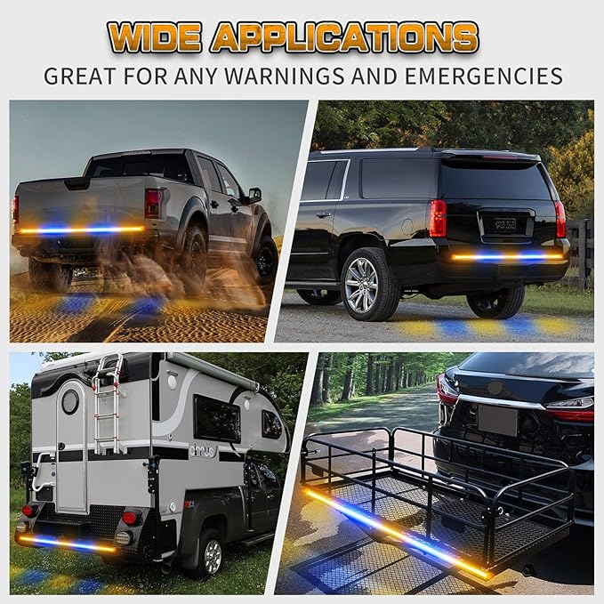 XRIDONSEN 60 inch Amber Blue Truck Tailgate Strobe Lights Strip 360 LED Tail Light Bar Flashing Warning Hazard Safety Rear Emergency Lights for Tow Plow Trucks Construction Vehicles Pickup Trailer