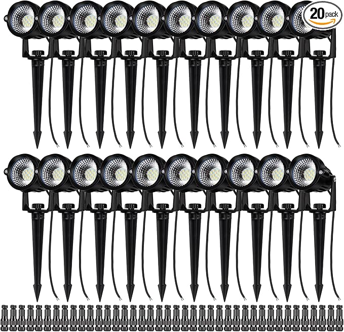 12W Landscape Lights Low Voltage LED Landscape Lighting Spotlight Waterproof Garden Pathway Christmas Decorative Lights Outdoor, 20 Pack with Connector (Natural White)