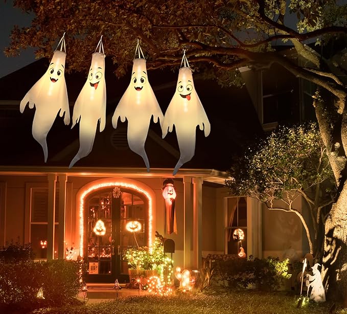 Halloween Ghost Decorations Outdoor: with Timer, 4 Pcs Cute Hanging Ghost for Tree Porch Garden Yard, Waterproof LED Ghost Halloween Decor