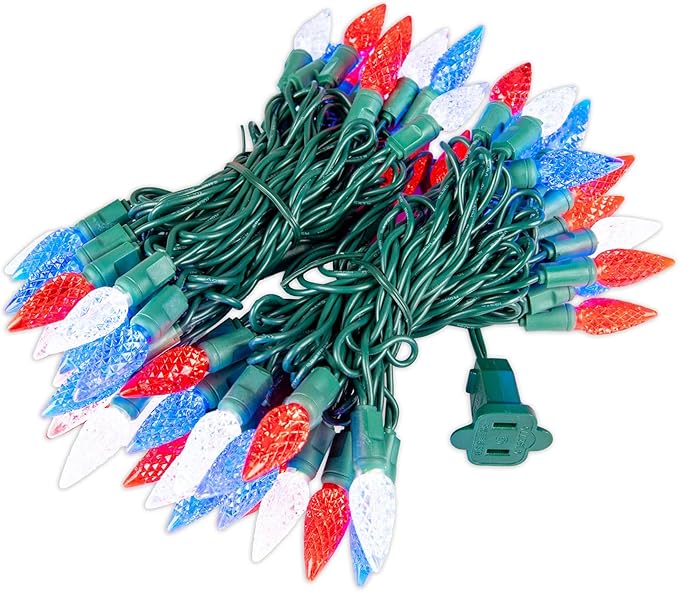 70 Light 24Ft July 4th USA Lights Commercial String Lights C6 LED Strawberry Faceted Bulb – Red/White/Blue, Green Wire, Indoor/Outdoor, Full Wave No Flicker, Connect 43 Sets