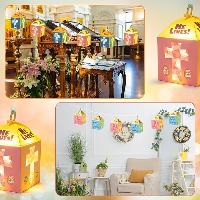 Simgoing 12 Sets Easter Crafts with LED Candles Lights Religious Easter He Lives Cross Tissue Paper Crafts Kits DIY Religious Hanging Ornaments for DIY Home Activities