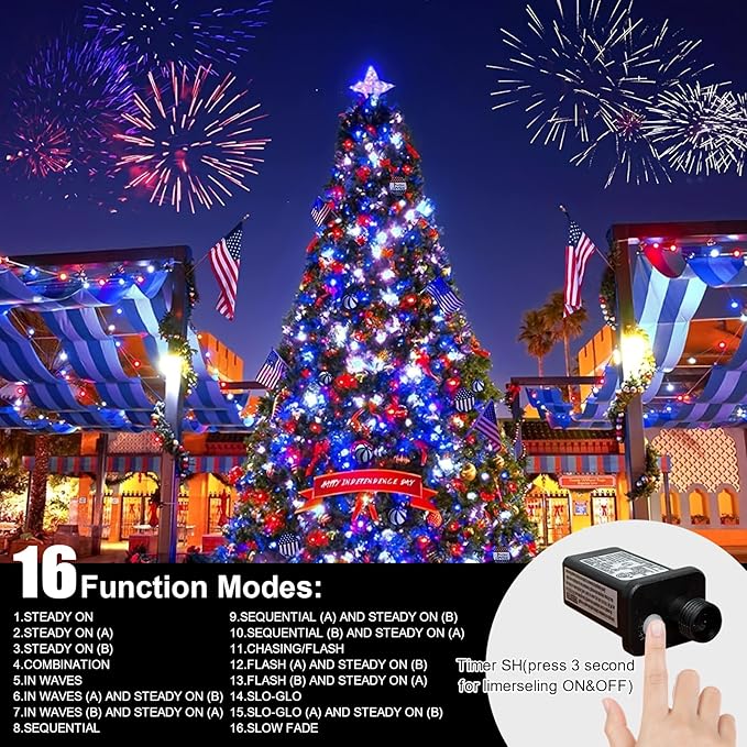 LAMPHOME 99ft 300LED Red White and Blue Patriotic String Lights, 16 Modes Red White Blue LED Lights Plug in, 4th of July Lights Outdoor for Independence Day Memorial Day Patriotic Window Decor