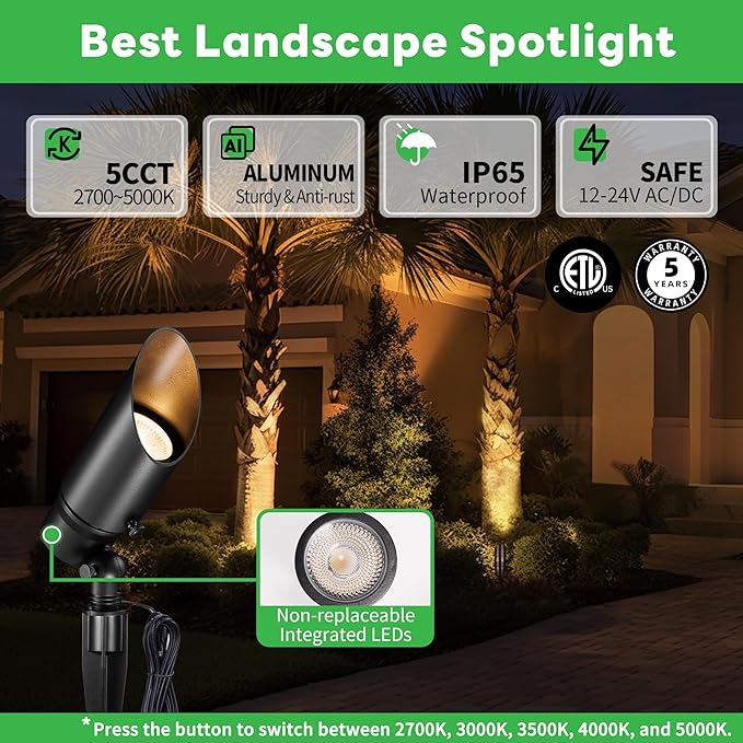 Landscape Spotlight - Soft & Natural White Selectable Setting Up Lights, 12V Outdoor Low Voltage Spot Lights, Stretchable Shroud Wired LED, Waterproof Aluminum Black for Patio Wall 6 Pack
