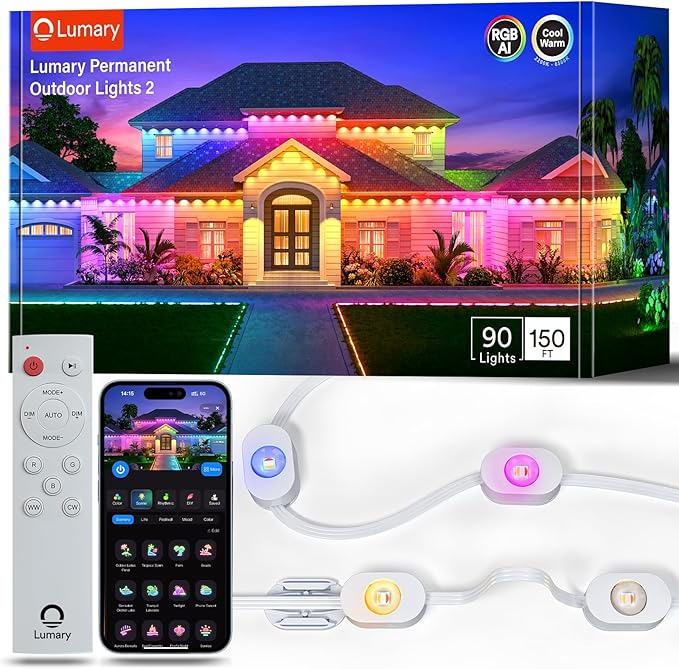 Lumary Smart Permanent Outdoor Lights 2 with Remote & Slide-Base, 150ft with 90 RGBAICW LEDs 5400lm for Daily & Accent Lighting, 110+ Scene for Halloween Christmas Decor, Work with Alexa Google, White