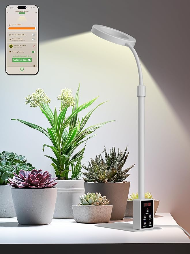 Smart Grow Lights for Indoor Plants, Plant Light with Auto-Timer, Full Spectrum LED Grow Light, Adjustable Height & Stepless Dimming,Plant Assistant Suitable for Most Plants (White, 12W)