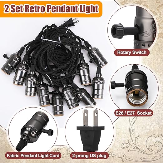 2 Pcs Vintage Pendant Light Sockets Light Cord Kit with Switches DIY Bulb Socket with Cord for E26 E27 Lamp Socket Lantern Bedroom Living Room Decor (1 Plug with 10 Sockets,Black)
