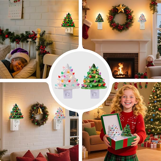 Brightown Ceramic Christmas Tree Night Light - 2 Pack Vintage Christmas Night Light with ON/Off Switch, 5.2" Decorative Ceramic Tree Light for Bedroom Bathroom Living Room Porch Xmas Holiday Decor