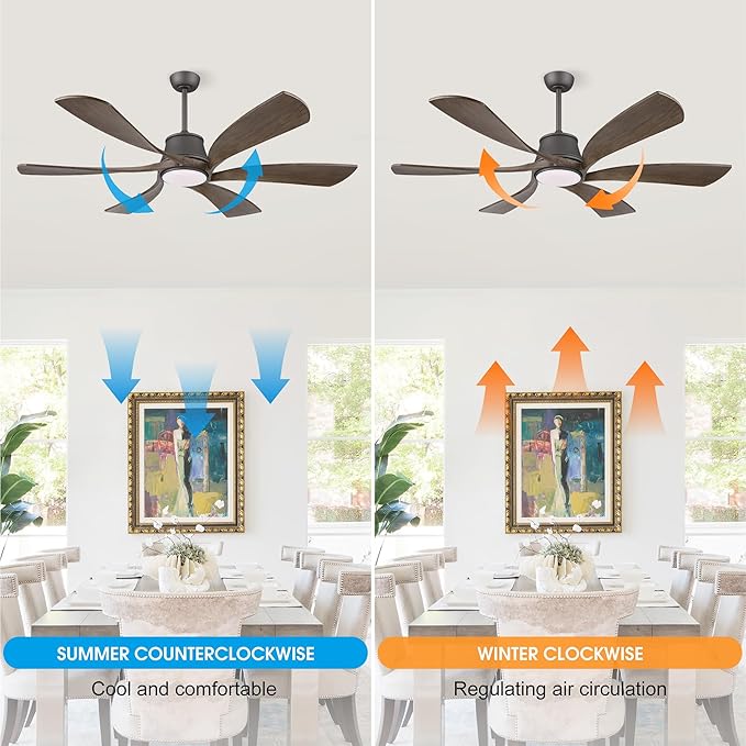 WINGBO 60" Smart Ceiling Fan with Light, Dimmable LED Light, 6-Speed Remote/APP/Voice Control, Solid Blades Fan for Bedroom/Living Room/Shop Compatible with Alexa or Google Assistant Wood Color