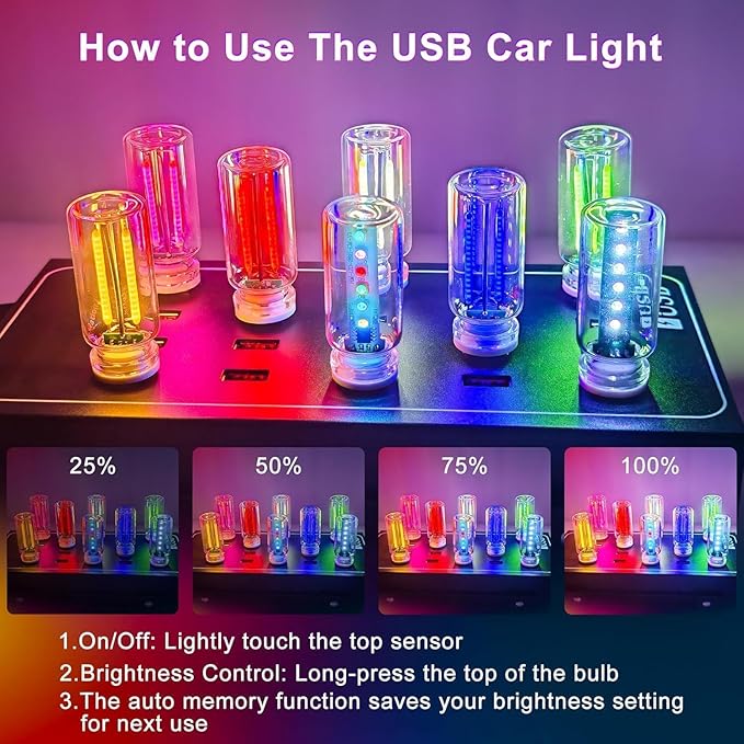 Car USB Night Light Touch Dimmable - 8-Pack Retro LED Filament Lamp for Truck Interior, Bedroom & Camping | Glass Bottle Ambiance Lighting (8 PCS (Multicolor))