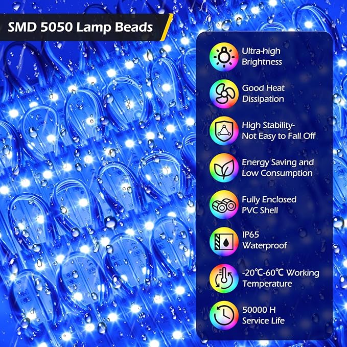 Dyna-Living 200FT RGB LED Storefront Lights for Business 400PCS 3-led 5050 SMD LED Module Light with Music Sync Mode APP Bluetooth & IR Controller IP68 Waterproof Storefront Lights