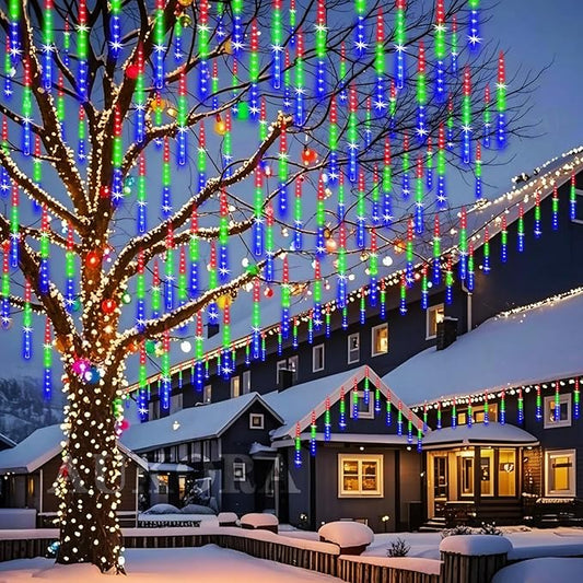 Aukora Meteor Shower Lights UL Certified Outdoor Christmas Lights 12inch 8 Tubes 192 LED Snow Falling Icicle Cascading Light for Xmas Tree Decoration Halloween Wedding Party Holiday Yard, Multicolor