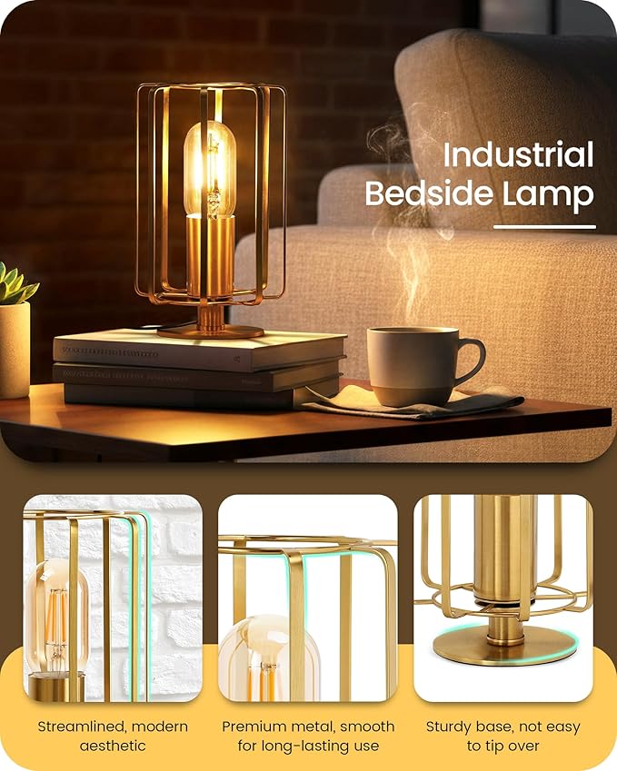 Industrial Table Lamp, 8.5" Small Brass Table Lamp with Dimmable 2400K Warm Light LED Bulb, Vintage Brass Desk Lamp, Gold Bedside Lamp for Bedroom, Study, Office, Small Space, D05TL05