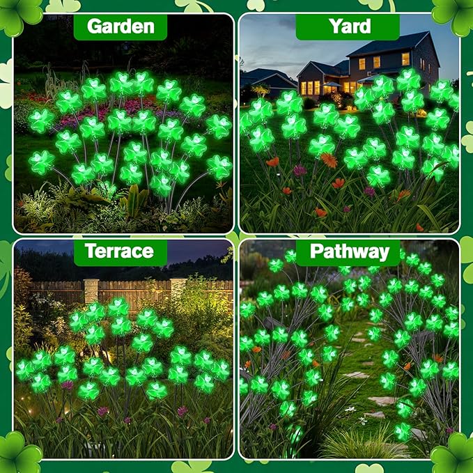 St. Patrick's Day Shamrock Pathway Lights, 8 in 1 Lucky Clover Light with 2 Lighting Modes, Green Firefly Outdoor Decor Solar Powered Swaying Lights Decor for Lawn Yard Garden (Green - Shamrock)