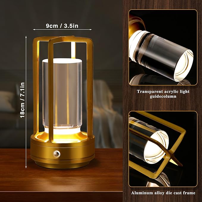 Portable Metal Table Lamp, Cordless Table Lamp, Rechargeable Battery Powered Portable LED Desk Lamp, 3 Color Stepless Dimming Touch, for Bedroom Restaurant Home Outdoor (2 Set of Gold)