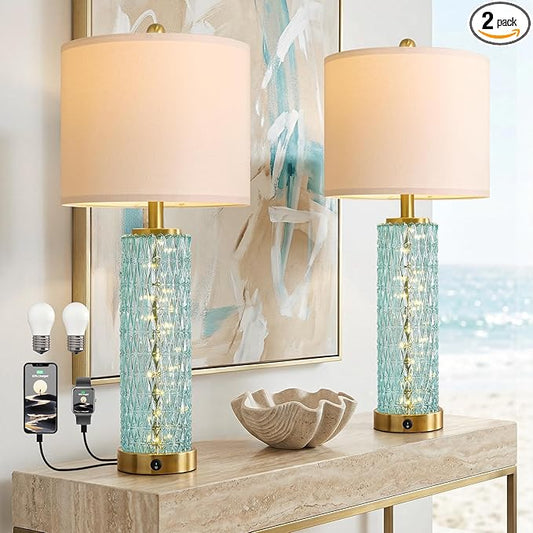 Oneach 27.75" Coastal Table Lamps Set of 2, Clear Blue Bedside Lamp with Glass Nightlight, USB A+C, Unique Desk Lamps for Living Room, Bedroom, Nightstand, End Table (2 Bulbs Included)