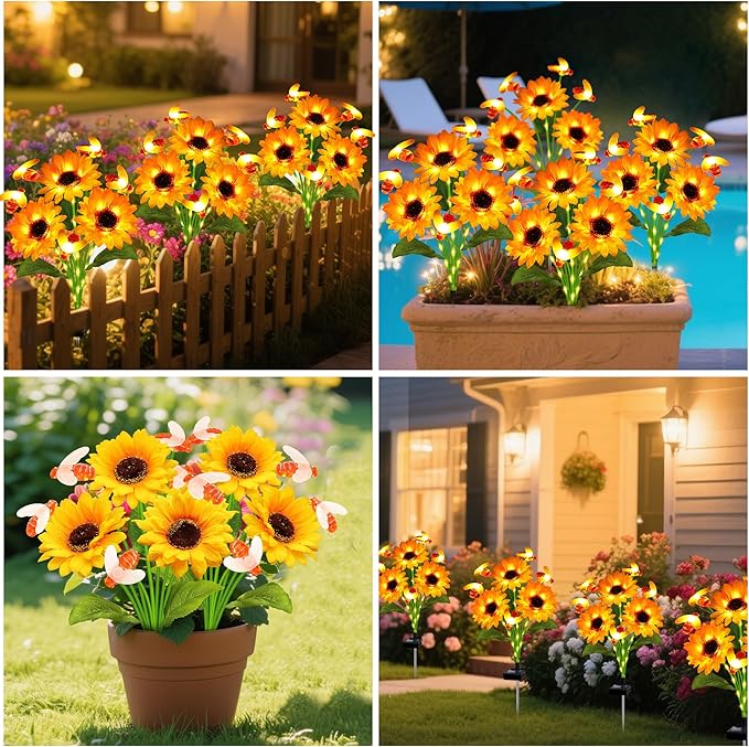Solar Garden Lights 2 Pack Solar Swaying Bee Lights with Sunflowers, Gifts for Mom Women Mothers Day, Waterproof Firefly Flower Light for Outdoor Decor,Decoration for Patio Yard Landscape