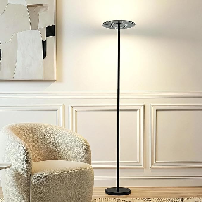Brightech Sky LED Floor lamp, Torchiere Super Bright Floor Lamp for Living Room Decor & Office - Dimmable, Tall Standing Torch Lamp with Warm Light for Bedroom & Reading - Black