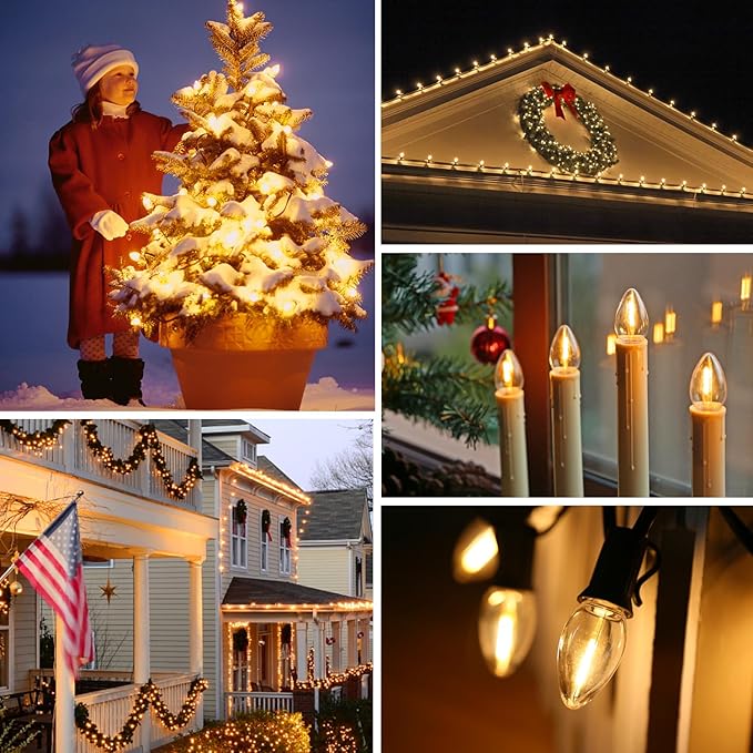 C7 LED Night Light Bulbs, 0.6Watt Equivalent to 7W, E12 Candelabra Small Base, Edison LED Light Bulbs, 2200K Warm White, Clear Plastic, Outdoor String Lights, 12 Pack, Non-Dimmable