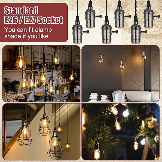 1 Pcs Vintage Pendant Light Sockets Light Cord Kit with Switches DIY Bulb Socket with Cord for E26 E27 Lamp Socket Lantern Bedroom Living Room Decor (1 Plug with 6 Sockets,Black)