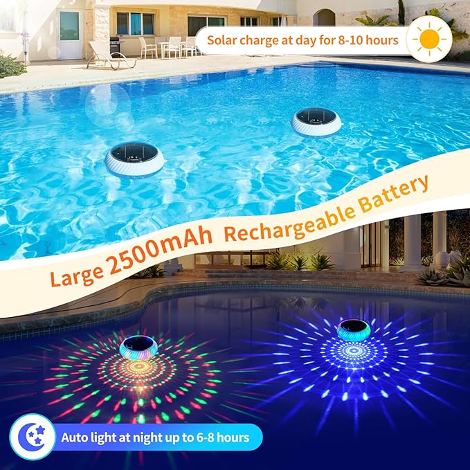 FirstE Solar Floating Pool Lights, 7.6" Dynamic RGB Color Floating Solar Pool Lights IP68 Waterproof, Light Sensing LED Pool Decor Light for Inground, Above Ground Pools, Outdoor, Garden, Party