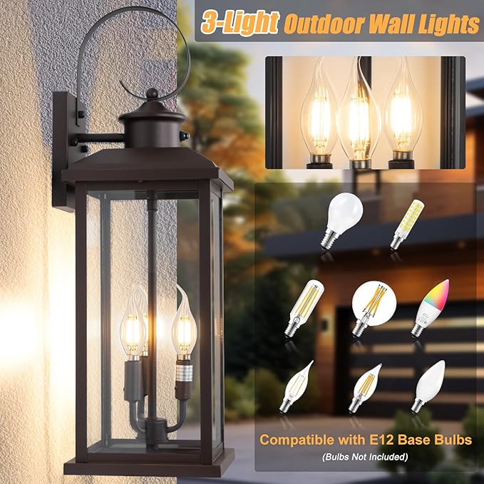 24" Dusk to Dawn Outdoor Wall Sconce: Bronze Large Porch Light 3-Light Waterproof Modern Exterior Lighting Fixture Wall Mounted, Outside Lamp for House Garage E12