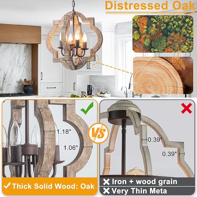 15.75" Oak Farmhouse Chandeliers for Dining Room Distressed Wood Pendant Light Fixture 4-Light Rustic Ceiling Hanging Light for Kitchen Island Bedroom Hallway Entryway Foyer E12*4