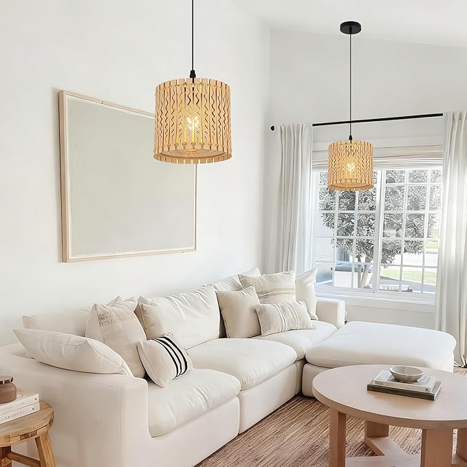 Farmhouse Natural Wood Drum Pendant Light, 1-Light Rural Ceiling Hanging Lamp Lighting Fixture with 7" Lampshade, Boho Chandelier for Kitchen Island Hallway Dining Room