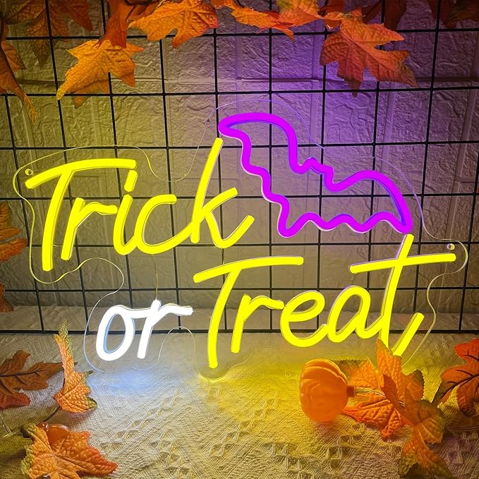 Trick or Treat Neon Sign,Halloween Neon Light,Halloween Bat LED Light for Wall Decor, Dimmable Halloween Party Decorations Light Up Sign for Home Bedroom Bar Garden Porch Coffee Store