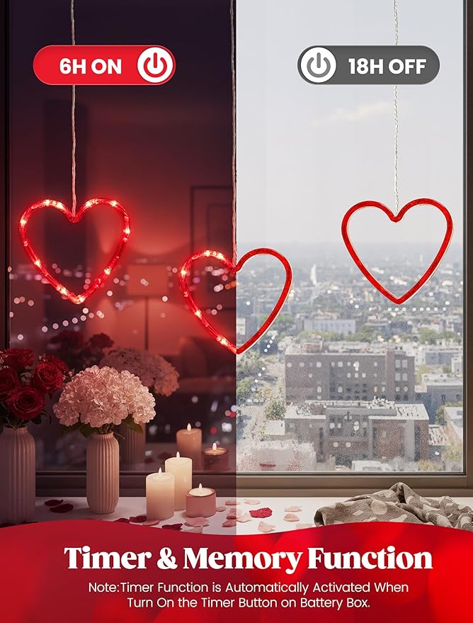 woohaha Valentine's Day Window Lights,3 30LED Heart Curtain String Lights USB/Battery Operated,Hanging Light for Indoor Outdoor Bedroom,Room,Wall,Party,Holiday,Wedding Decorations(Red)