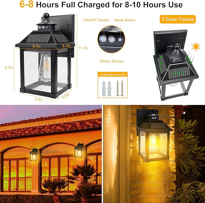 2 Pack Solar Wall Lights Outdoor, Dusk to Dawn LED Porch Lights Fixture, Motion Sensor Solar Sconce Waterproof with 3 Modes Wall Mounted for Garage Patio Front Door Backyard 6.7"x6.7"x11.7"