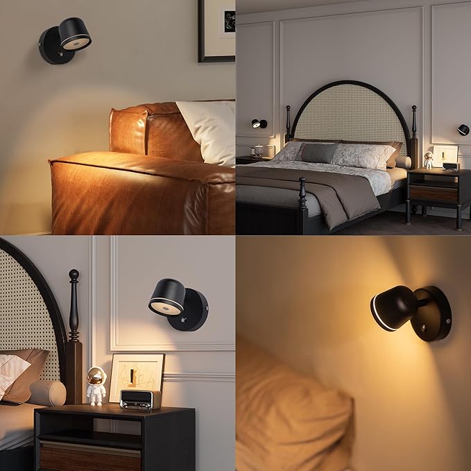 Aisilan Wall Sconce Set of 2, Hardwired Touch Dimmable Wall Light with 3 Color Temperatures, Adjustable 7W LED Wall Lamp CRI97, Modern Black Aluminum Sconce for Bedroom Bedside Hallway