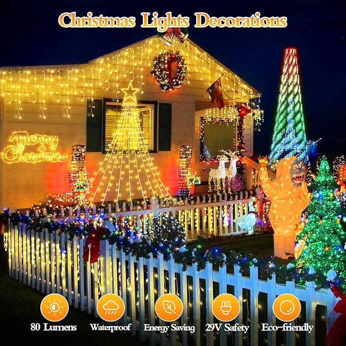 98FT 960 LED Christmas Lights, Waterproof 8 Modes Ice Lights for Outside with Memory and Timer Hanging Fairy Lights Plug-in Curtain String Lights for Holiday Party Wedding Home (Warm White)
