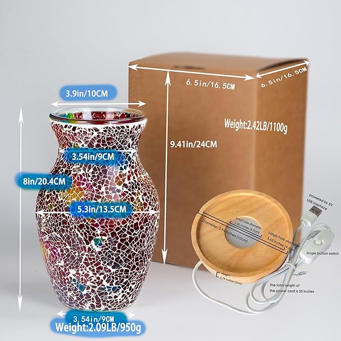 8-Inch Handcrafted Mosaic Cracked-Ice Vase Bedside Lamp with USB-Powered LED Wooden Base,Single-Switch Auto-Cycle RGB Mood Light, Ruby Red Vase USB Night Light for Party,Camping Decor