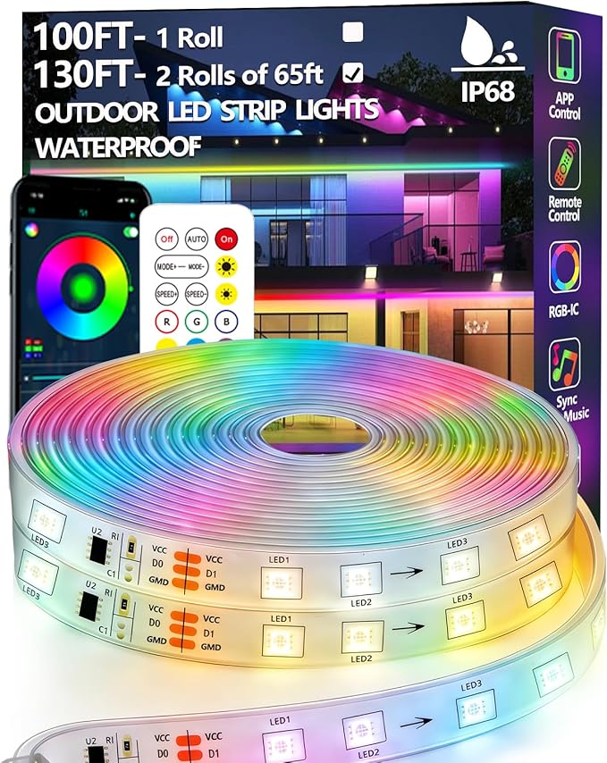 130FT (2 Rolls 65FT) Outdoor LED Strip Light Waterproof,IP68 Outside RGB+IC Light Strip with App/Remote Control,Chase Mode,Music Sync Light for Balcony,Deck,Rooftop,Garden,Pool