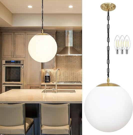 KoKo&Yukina 13.7" Gold Globe Pendant Light Mid Century Pendant Light Milk Glass Pendant Lights Kitchen Island Adjustable Hanging Light Fixture for Dining Room Bedroom Kitchen Islan