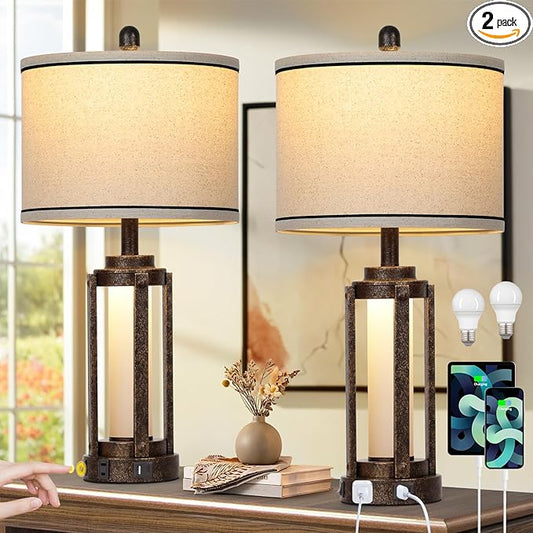26" Farmhouse Table Lamps Set of 2, Vintage Rustic Industrial Beside Lamps with USB A+C Charging Ports & AC Outlet, Nightstand Lamp with Glass Night Light & Linen Fabric Shade for Living Room Bedrooms