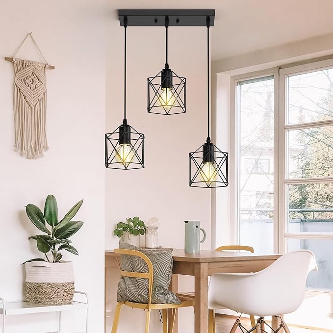 3 Light Pendant Lighting, Farmhouse Hanging Light Fixture for Kitchen Island & Dining Room, Industrial Vintage Ceiling Lamp with E26 Base, Adjustable Height, Matte Black